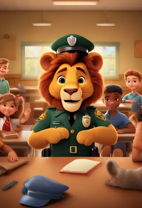 Poster em 3D no estilo Disney Pixar, a policeman in khaki uniform and Daren the lion in a classroom with children attending class