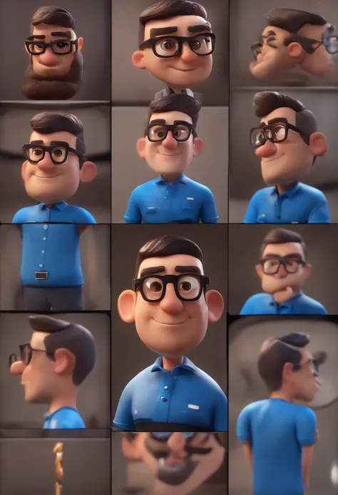 Cartoon character of a man with black glasses and a blue shirt, animation character, Caractere estilizado, animation style rendering, 3D estilizado, Arnold Maya render, 3 d render stylized, toon render keyshot, Personagem 3D, Personagem 3D, 3d rendering st...