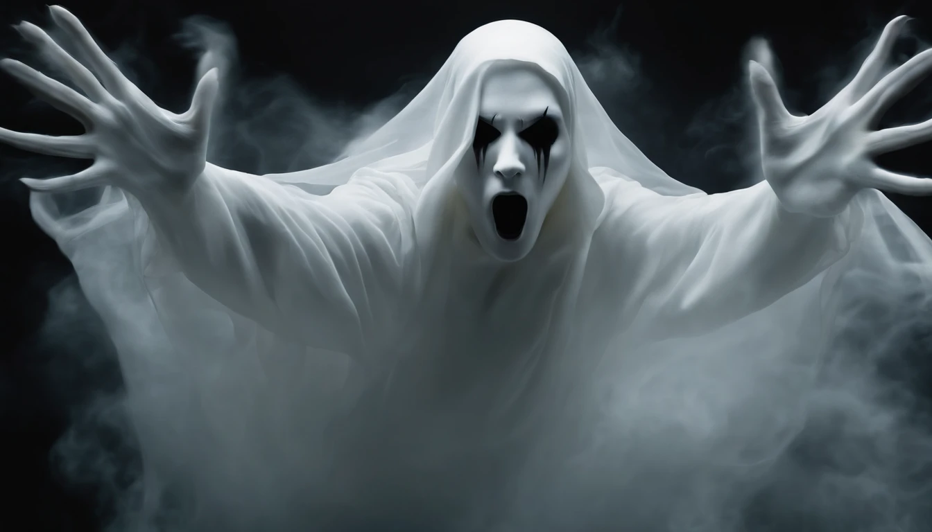 a white ghost with 4 hands, the hands are coming towards the front, the body is floating, the eyes are big and black, the mouth is open wide