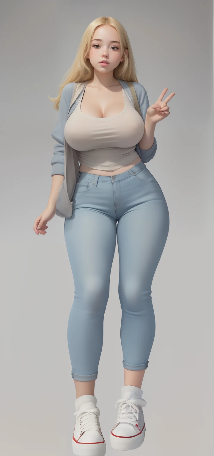 (best quality), big head, (1girl with gigantic breasts:1.3) Campus , Blonde Hair , White Pale Skin Tone , Cardigan , Tank Top , Jeans , Converse , Tote Bag , It Girl , 2000s , School Vibes , Nostalgic In School , Peace pose , Body Goals, Pretty , UHD , 8K ...