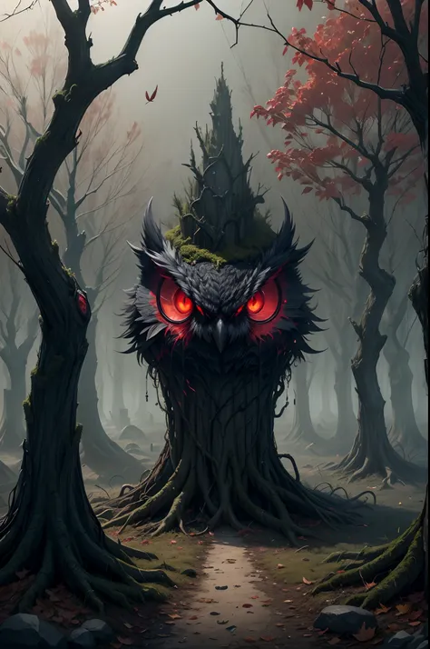 on an eerie night，devilish owls，sinister owls,evil red eyes,black as ink feathers，glows an evil red light，the eyes glow an evil ...