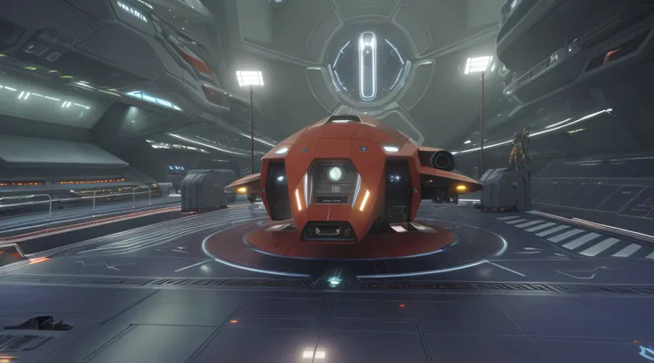 A closeup of a futuristic vehicle in a futuristic setting, hangar de naves espaciais, star citizen halo, Dentro do hangar futurista, Elite Perigosa, Tem seis propulsores na parte traseira, Nave espacial sendo reparada, Acidente detalhado da nave espacial, ...