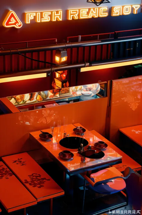 (best quality,4k,highres,masterpiece:1.2),ultra-detailed,realistic:1.37,photography,portrait,Chinese restaurant with numerous tables and benches, sour fish stew and rice on the tables. Interior photography of the restaurant, Blade Runner-style Chinese Town...