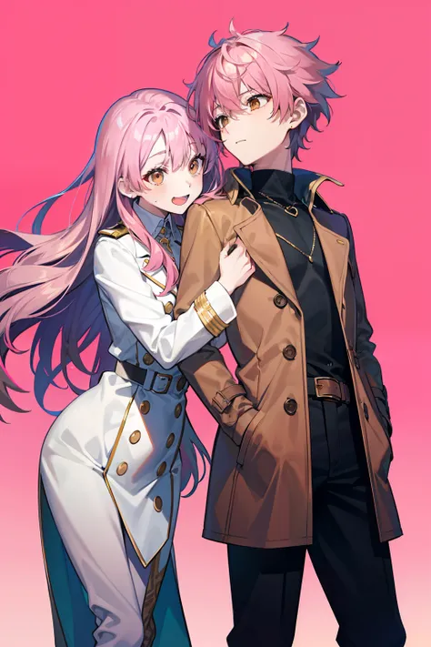 Two humans、Two people hugging each other、1 male、Boy with pink hair，tmasterpiece，Handsome face，Clear facial features,Pink costume，1 person woman、in her 20s、Long brown hair、Brown eyes、Sharp eyes、cool、trench coat、boots、Concise background