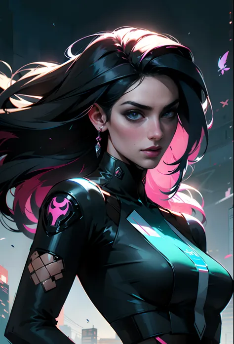 Nijistyle, RFKTR_Tecnotrex, mulher linda, Arte Oficial, Unity 8k imagem de frente , Ultra Detalhado, handsome and aesthetic, obra-prima, melhor qualidade, realista,Beautiful woman with long hair fluttering from the wind , cabelo preto, , Cyberpunk , Epic f...