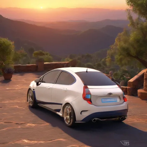 "Make a Disney Pixar-style picture, 3d of a new fiesta White 4 doors on the edge of a mountain with blue sky , sun going down"