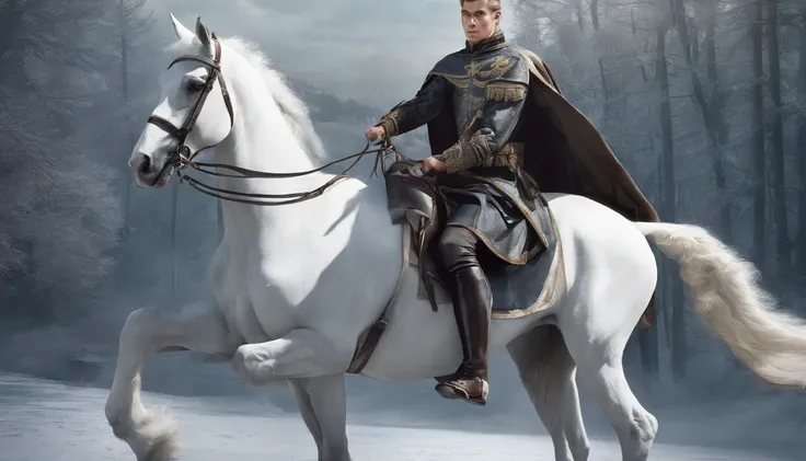 A young man in an ancient European military uniform rides a white horse in the snow, Black cape，high-quality face