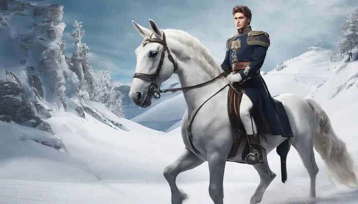 A young man in an ancient European military uniform rides a white horse in the snow, Black cape，high-quality face