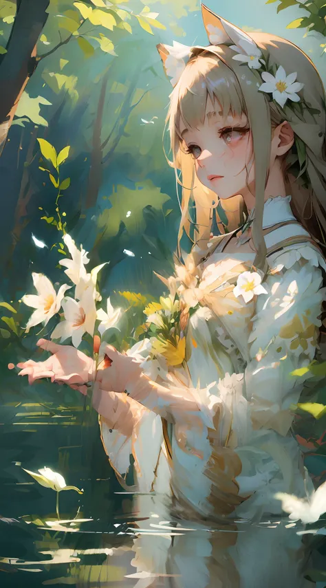 Menina anime em um vestido branco segurando um ramo de flores, holding magic flowers, arte de anime digital detalhada, Arte no estilo de Guweiz, palace ， Uma menina,