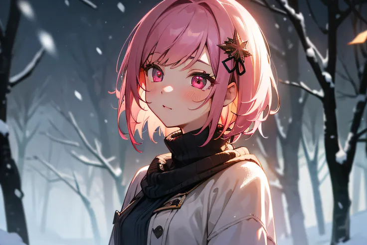 mastepiece, profesional artwork, sharp image, best quality, high quality, ultra quality, 1girl, dark pink hair, short hair, straight hair, sweater, small breast, upper body, face focus, beautiful eyes, red eyes, glowing eyes, forest, falling leaves, snow, ...