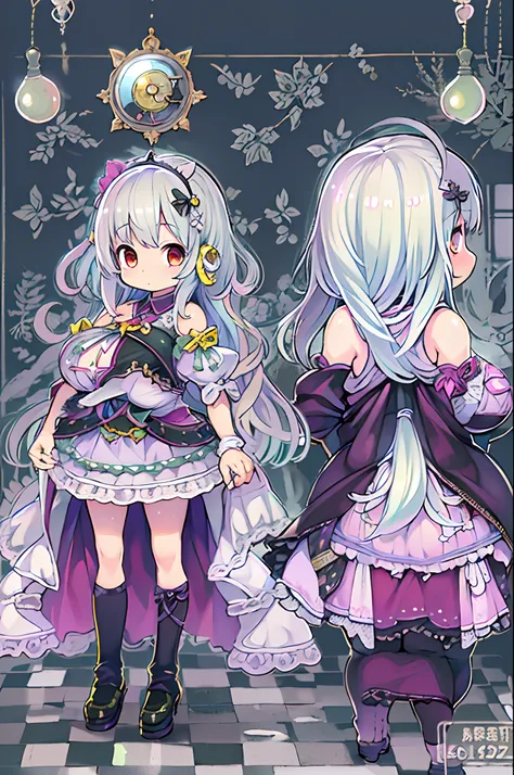 ((masutepiece)), (Highest Quality))), (, National Costume, Same character, front, Side, Back、stick out butt), Illustration, 1 girl, Full body, Silver hair, Eye hair, Beautiful eyes, Princess Cut, environment change scene, Short skirt, Shyness, Woman, girl,...