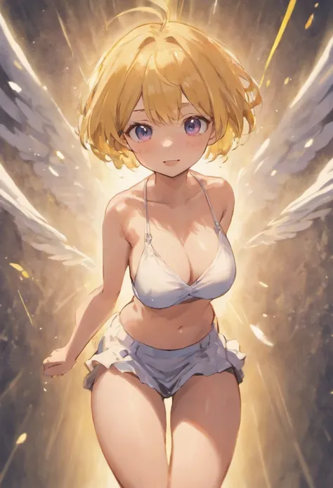 Waifu girl looking at camer, small smile , short hair, slim yet big breasts , grabbing own boobs ,top naked, very short white skirt