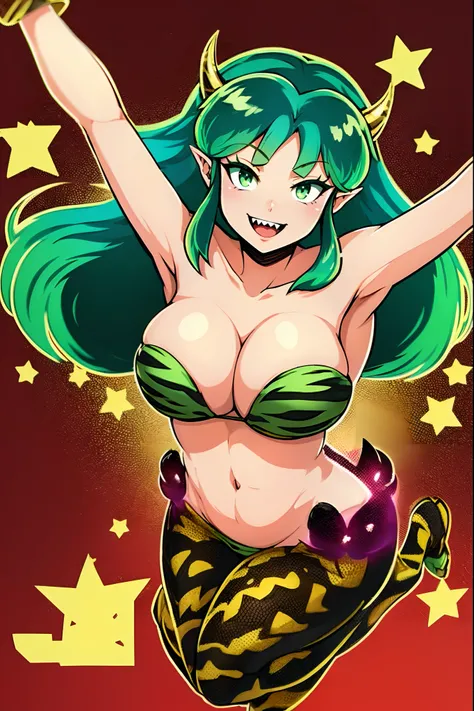 lum, bikini, standing,, , oni, smile,, full body, , , horns, curvy, big breast,, smile, green hair, superhero costume,sharpteeth,levitating, flying