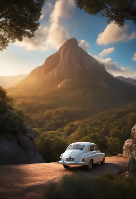 "Make a Disney Pixar-style picture, in 3d of a car new fiesta White 4 doors on the edge of a mountain with blue sky , sun going down"