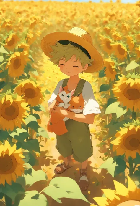 Uma garotinha com uma gatinho branco no colo,In a field of sunflowers,and a straw hat on his head