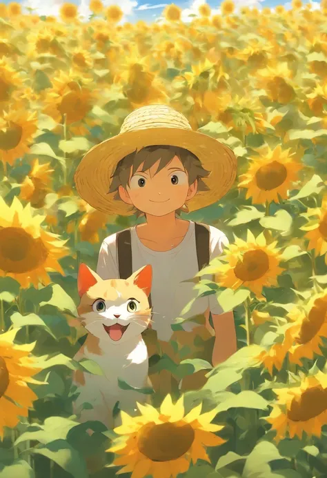 Uma garotinha com uma gatinho branco no colo,In a field of sunflowers,and a straw hat on his head