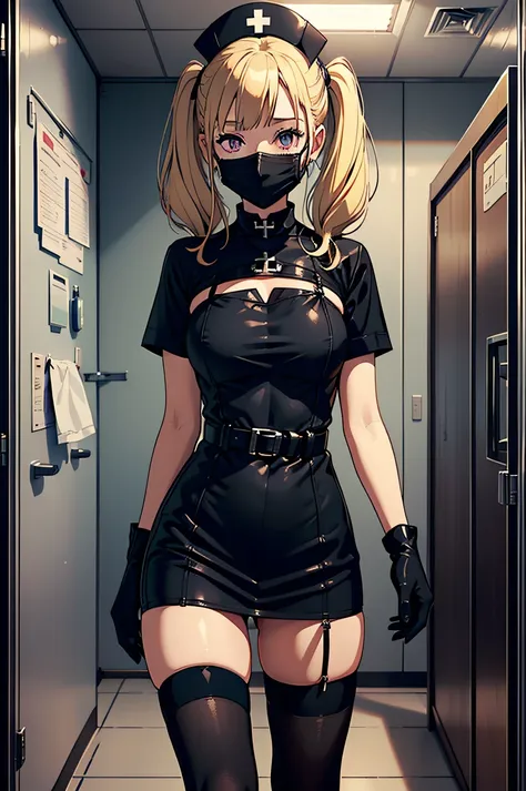 black nurse, 1girl, solo, black nurse cap, black wear, ((black legwear, zettai ryouiki)), black elbow gloves, twintails, yellow ...