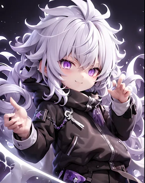 One Boy、hight resolution,close range、Anime boy with white hair and purple eyes、 shining purple eyes、slim、Shadow Body、de pele branca、monochromes、hair messy、Sharp eyes、Black coat、Aggressive smile