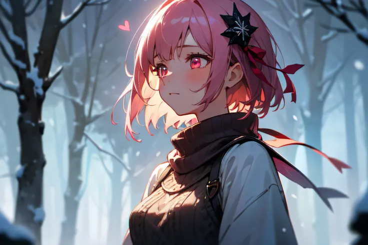 mastepiece, profesional artwork, sharp image, best quality, high quality, ultra quality, 1girl, dark pink hair, short hair, straight hair, sweater, small breast, upper body, face focus, beautiful eyes, red eyes, glowing eyes, forest, falling leaves, snow, ...