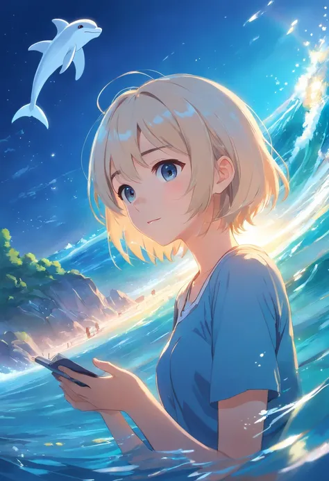 (Masterpiece, Best quality: 1.2),White color hair，Charming maiden，Dreamy，ocean floor，Epic，2D Beautiful Girl，starlights，Wallpapers，quadratic element，blue clothes，Holding the little dolphin elf in both hands，18yr old