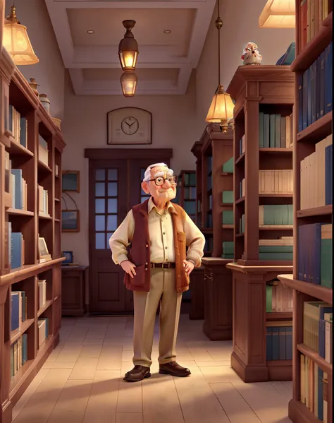 A wise old man standing in front, illuminated by the light of a lamp, against the backdrop of a library