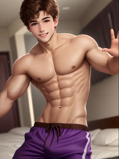 A young boy with brown brown hair and brown eyes, athletic body, shirtless with sexy face, textured skin, purple pants, waving sexy smile