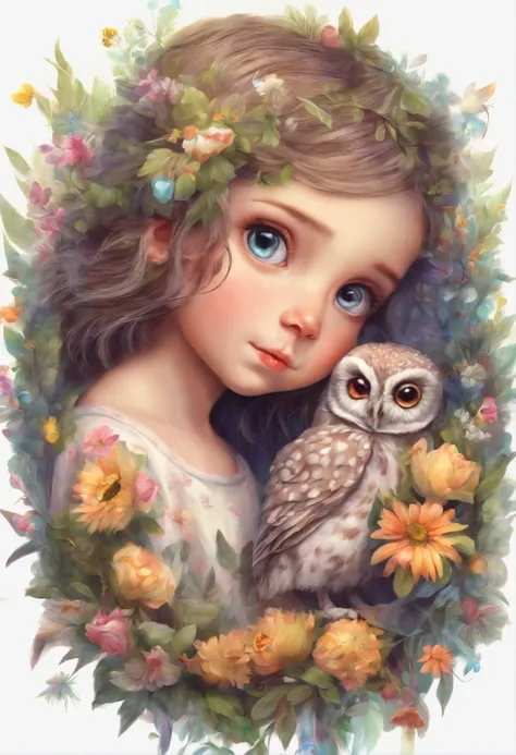 （Colorful painting with flowers flowers for an owl mother and 2 little babies），（There is only a large umbrella），（Mother owl holding a large umbrella：1.37），（2 small babies), (Snuggle up to your mom），Moms caring expression，The babys coquettish expression，fre...