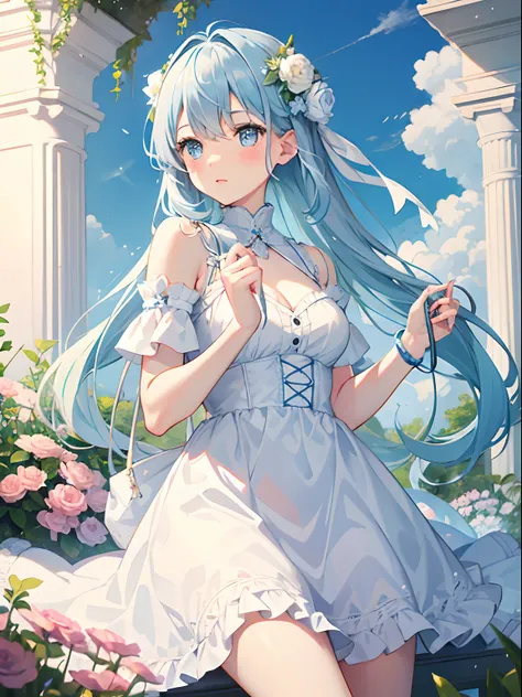 1girl in,Light Blue Medium Hair,Tying hair,Light blue eyes,Cute,blush,medium breasts⁩, white dress, flower garden, noon, blue sky, beautiful