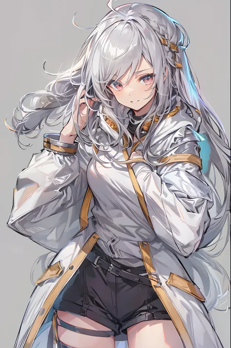 1girl, {solo}, upper body ,{{ {looking at viewer}}}, arm at side, concept art, white background, simple background, white hair, silver gradiient hair , complex cloth, asymmetrical clothes, virtual youtuber, best quality, masterpiece, dynamic angle, guilty ...