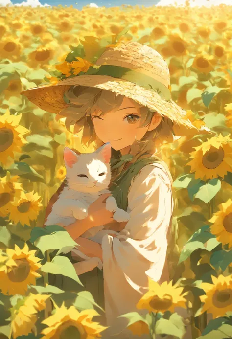 Uma garotinha com uma gatinho branco no colo,In a field of sunflowers,and a straw hat on his head