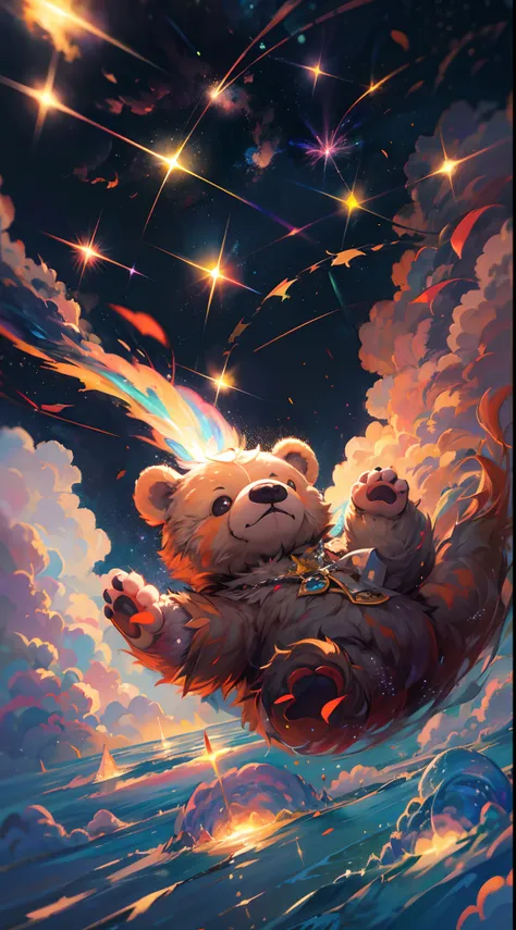 high-quality,image,painting,portrait,detail,teddy bear,cute,fuzzy texture,soft material,fluffy,adorable,gentle eyes,warm smile,soft fur,plush toys,playful,paw,meteor,streaking through the sky,bright light,sparkling,fiery tail,floating clouds,dark night,sta...