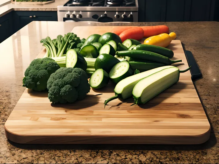 vegetables laying on a cutting board with empty space in the center