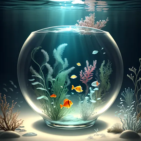 Fish drown in glass of water, bubbles, sea weeds,