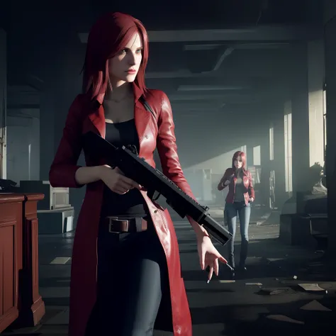 Claire Redfield 40 years old, beautiful face, shy, looking at viewer, very long red hair, perfect Face, black jeans, red long coat with black t-shirt, red nail polish, friendly face, glare, holding a gun