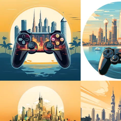 4 different illustrations of a city with a video game controller, video game digital art, detailed game art illustration, Game Design Concept Art, 2 d digital video game art, Game Illustration, concept art for video games, detailed game art, concept art fo...