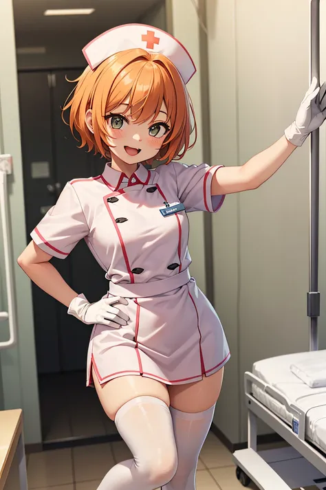 1girl, solo, nurse, nurse cap, white wear, ((white legwear, zettai ryouiki)), white gloves, very short hair, orange hair, smile, open mouth, standing, ((hospital room)), sharp outline, short sleeves, tomboy, boyish, best quality, masterpiece