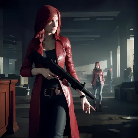 Claire Redfield 40 years old, beautiful face, shy, looking at viewer, very long red hair, perfect Face, black jeans, red long coat with black t-shirt, red nail polish, friendly face, glare, holding a gun