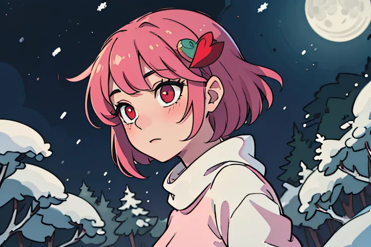 mastepiece, profesional artwork, sharp image, best quality, high quality, ultra quality, 1girl, dark pink hair, short hair, straight hair, sweater, small breast, upper body, face focus, beautiful eyes, red eyes, glowing eyes, forest, falling leaves, snow, ...