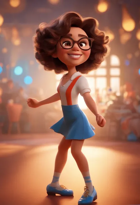 Pixar style image with 3D character white glasses brunette woman short curly hair dancing, Maquiagem Disney,Pescador, bonitinho, sorridente ,Close-up, Pixar, Disney, Cinema lighting,