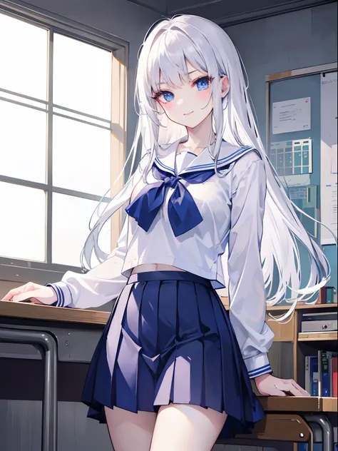 masutepiece, Highest Quality, (Perfect face:1.1), (high detailing:1.1), (ultradetailed eyes), Dramatic,  superfine illustration, Extremely detailed, 1girl in, (pale skin), long white hair, Ethereal eyes, (light eyebrow), ((Lovely smile)), Solo, Long hair, ...