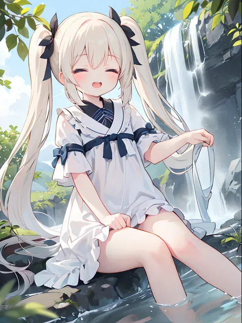 ((4K, ​master piece, Best Quality)), Cute little girl s,pale blond hair, Blue eyes,very long twintails,Laugh,double tooth,Closed eyes,Looking at Viewer,Lens Flare, along the waterfall, thin fog, beautiful