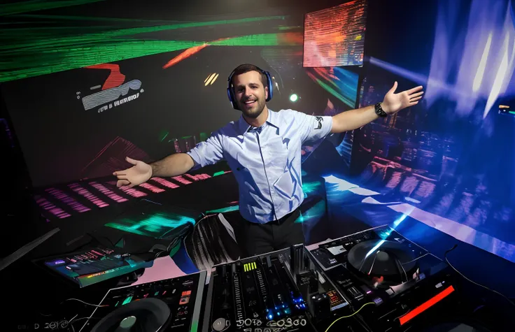 arafed man in a dj booth with headphones on and arms out, dj em uma festa, djing com toca-discos dj, matt rodes, conjunto de dj,...