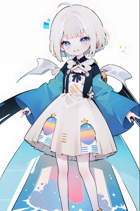 white hair, short hair, amber eyes, smile, grin, frontage, cute little, ahoge, crystal hair, long tongue,  (lolita dress、detailed dress、cute little、fuffy dress、)、Anime、rainbows、Style、 (Flat), negative space