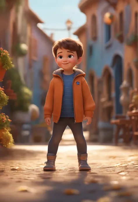 a happy cute kid standing short hair, vestindo uma fantasia espacial, , fundo branco, barnet, tom, Estilo Pixar, ..3d, desenhos animados, rosto detalhado, asymmetrical 16k