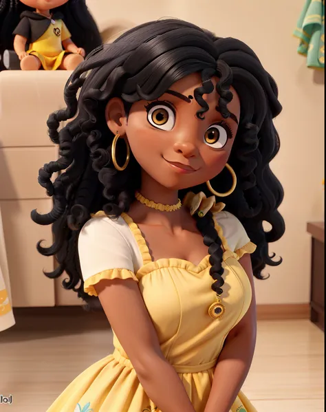 Uma mulher negra, medium-sized black curly hair, com um pequeno sinal no canto inferior do olho esquerdo, de vestido florido amarelo, segurando uma agulha e costurando uma boneca de pano pretinha