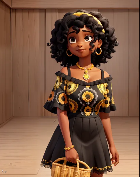 Uma mulher negra, medium-sized black curly hair, com um pequeno sinal no canto inferior do olho esquerdo, de vestido florido amarelo, segurando uma agulha e costurando uma boneca de pano pretinha