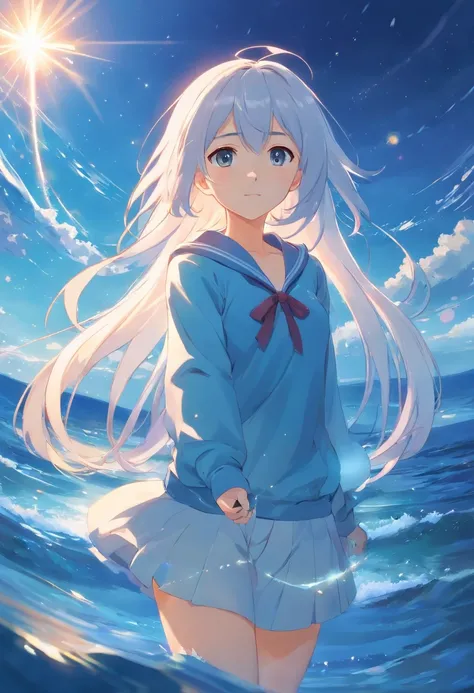 (Masterpiece, Best quality: 1.2),Long white hair，Charming maiden，Dreamy，ocean floor，Epic，2D Beautiful Girl，starlights，Wallpapers，quadratic element，blue clothes，Holding the little dolphin elf in both hands，18yr old