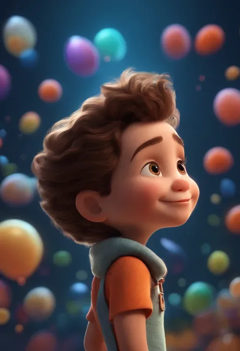 a happy cute kid standing short hair, vestindo uma fantasia espacial, , fundo branco, barnet, Tom, Estilo Pixar, ....3d, desenhos animados, rosto detalhado, asymmetrical 16k