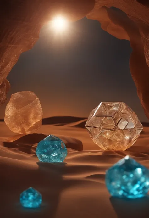 um close up de um grande cristal em um deserto com rochas, animation style rendering, atlas, capa do cd, orbe, flares anamorphic, Pierre Pellegrini e Ash Thorp, Anamorphic Widescreen, Platonic solids, cena espacial, psytrance, imagem promocional do filme, ...