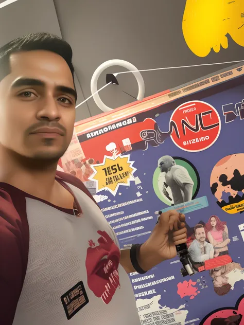 Theres a man standing in front of a poster with a bunch of stickers, foto de perfil 1024px, Directed by: Nandor Soldier, Alarcon Cartunista, poster, poster!!!, Ray Guilherme Johnson, Miguel Iglesias, foto de perfil, Directed by: Ramon Silva, Satoshi com, f...